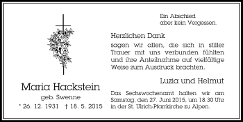 Todesanzeige von Maria Hackstein von Rheinische Post