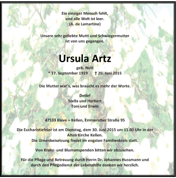 Todesanzeige von Ursula Artz von Rheinische Post