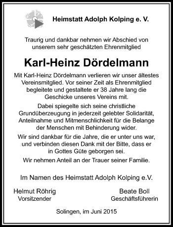 Todesanzeige von Karl-Heinz Dördelmann von Rheinische Post