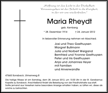 Todesanzeige von Maria Rheydt von Rheinische Post