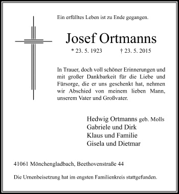 Todesanzeige von Josef Ortmanns von Rheinische Post