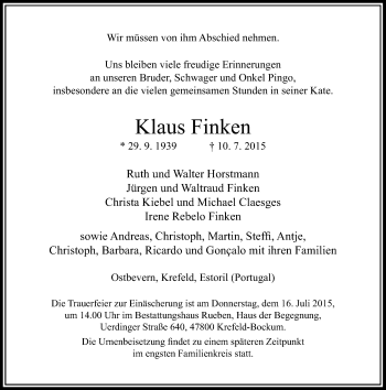 Todesanzeige von Klaus Finken von Rheinische Post