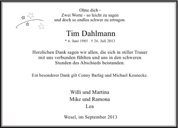 Todesanzeige von Tim Dahlmann von Rheinische Post