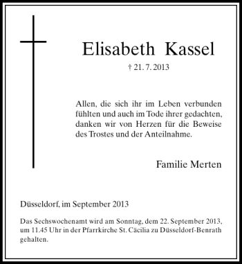 Todesanzeige von Elisabeth Kassel von Rheinische Post