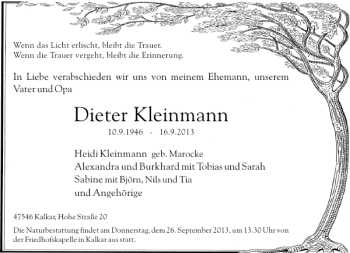 Todesanzeige von Dieter Kleinmann von Rheinische Post