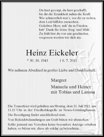 Todesanzeige von Heinz Eickeler von Rheinische Post