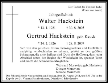 Todesanzeige von Walter und Gertrud Hackstein von Rheinische Post
