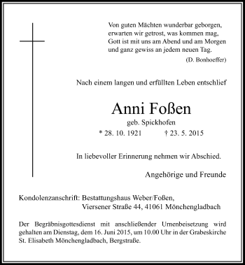 Todesanzeige von Anni Foßen von Rheinische Post