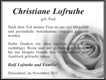 Todesanzeige von Christiane Lofruthe von Rheinische Post