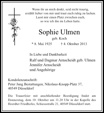 Todesanzeige von Sophie Ulmen von Rheinische Post