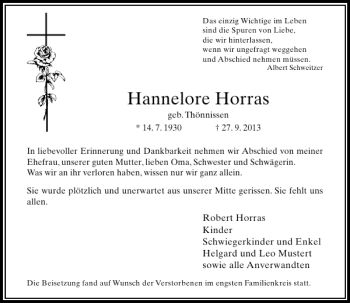 Todesanzeige von Hannelore Horras von Rheinische Post