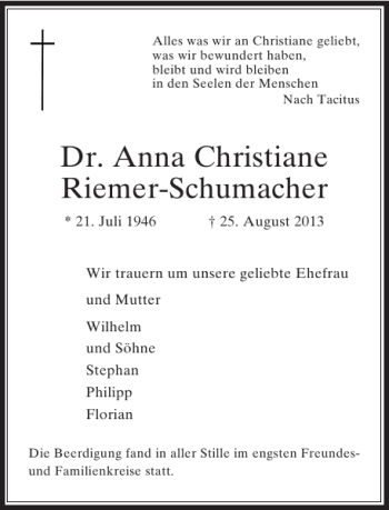 Todesanzeige von Dr. Anna ChristianeRiemer-Schumacher von Rheinische Post