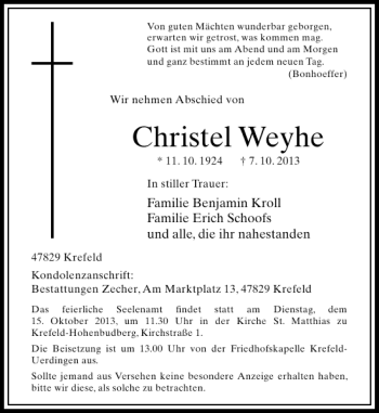 Todesanzeige von Christel Weyhe von Rheinische Post