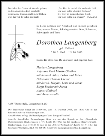 Todesanzeige von Dorothea Langenberg von Rheinische Post