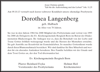 Todesanzeige von Dorothea Langenberg von Rheinische Post