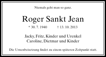 Todesanzeige von Roger Sankt Jean von Rheinische Post