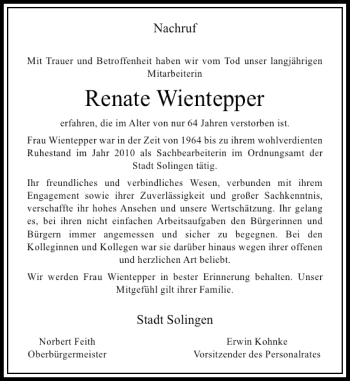 Todesanzeige von Renate Wientepper von Rheinische Post