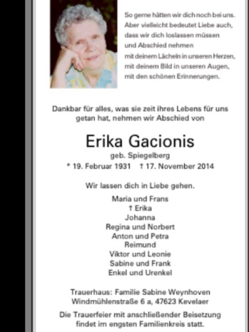 Todesanzeige von Gacionis-Christian Erika von Rheinische Post