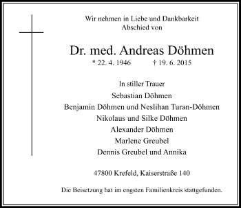 Todesanzeige von Andreas Döhmen von Rheinische Post