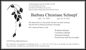 Todesanzeige von Barbara Christiane Schnepf von Rheinische Post