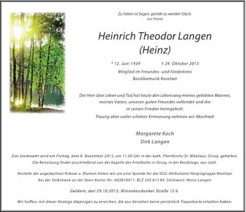 Todesanzeige von Heinrich Theodor Langen von Rheinische Post
