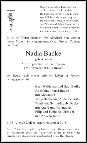 Todesanzeige von Nadia Badke von Rheinische Post