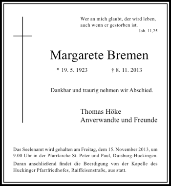 Todesanzeige von Margarete Bremen von Rheinische Post