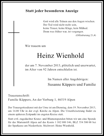 Todesanzeige von Heinz Wienhold von Rheinische Post