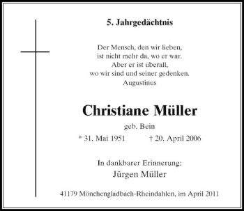 Todesanzeige von Christiane Müller von Rheinische Post