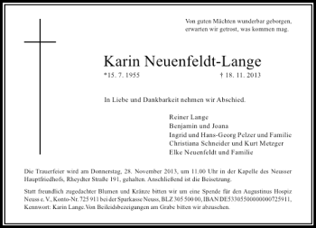 Todesanzeige von Karin Neuenfeldt-Lange von Rheinische Post