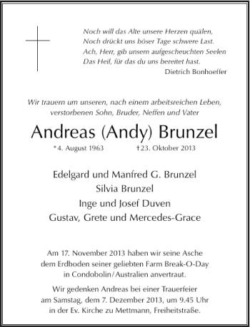 Todesanzeige von Andreas Andy Brunzel von Rheinische Post