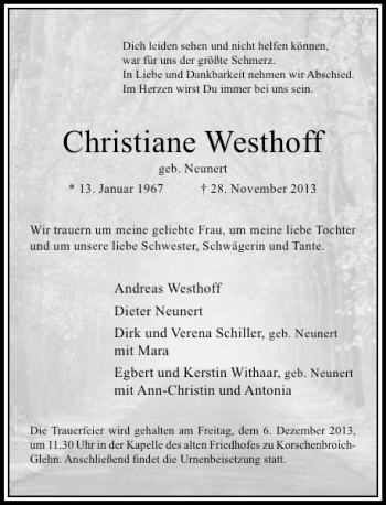 Todesanzeige von Christiane Westhoff von Rheinische Post