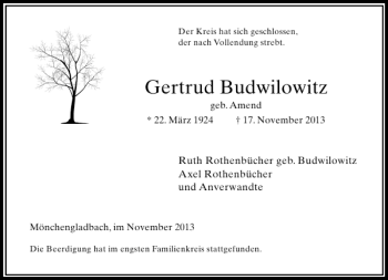 Todesanzeige von Budwilowitz Gertrud von Rheinische Post