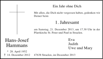 Todesanzeige von Hans-Josef Hammans von Rheinische Post