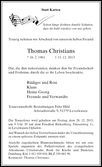 Todesanzeige von Thomas Christians von Rheinische Post
