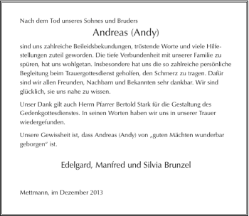Todesanzeige von Andreas Brunzel von Rheinische Post