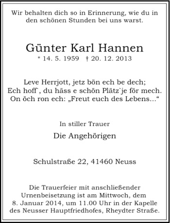 Todesanzeige von Günter Hannen Karl von Rheinische Post