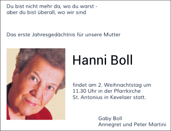 Todesanzeige von Hanni Boll von Rheinische Post