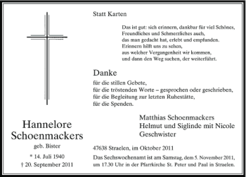Todesanzeige von Hannelore Schoenmackers von Rheinische Post