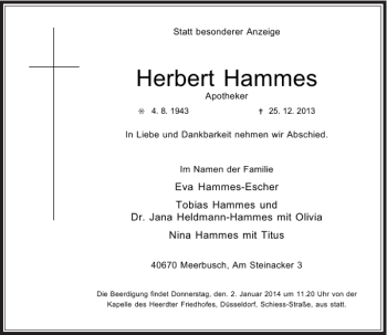 Todesanzeige von Herbert Hammes von Rheinische Post