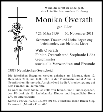 Todesanzeige von Monika Overath von Rheinische Post