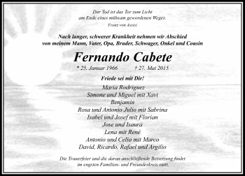 Todesanzeige von Fernando Cabete von Rheinische Post