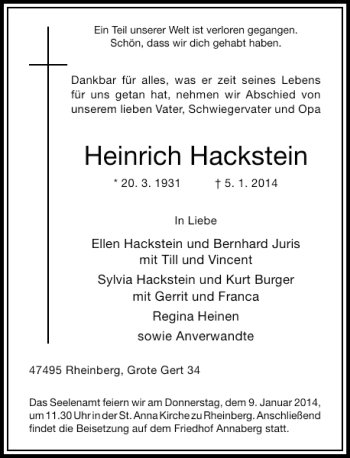Todesanzeige von Heinrich Hackstein von Rheinische Post