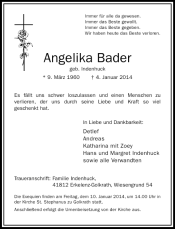 Todesanzeige von Angelika Bader von Rheinische Post