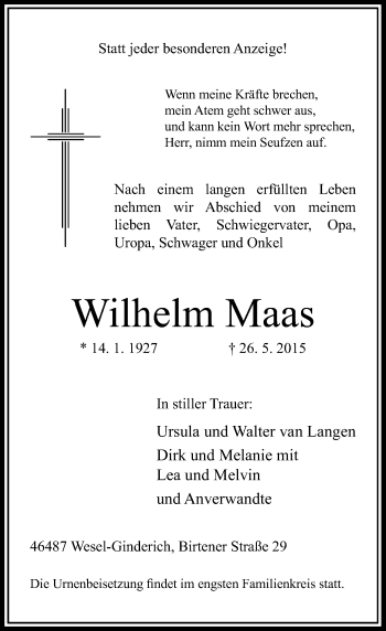 Todesanzeige von Wilhelm Maas von Rheinische Post