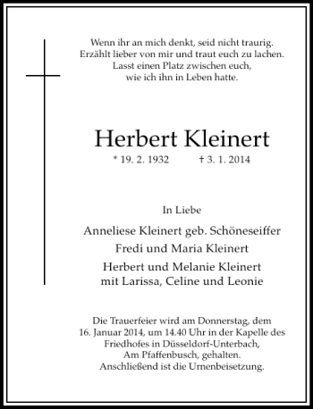 Todesanzeige von Herbert Kleinert von Rheinische Post