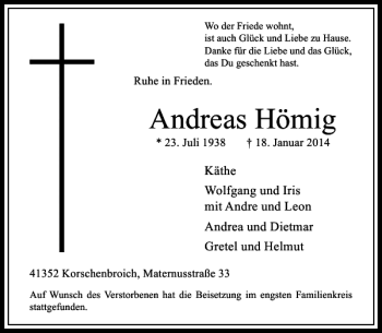 Todesanzeige von Andreas Hömig von Rheinische Post