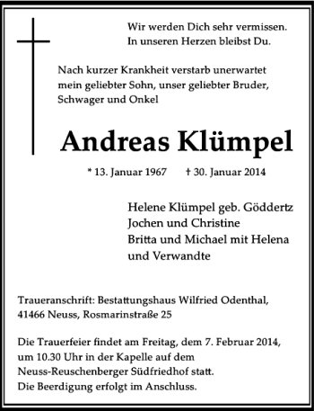 Todesanzeige von Andreas Klümpel von Rheinische Post