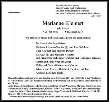 Todesanzeige von Marianne Kleinert von Rheinische Post