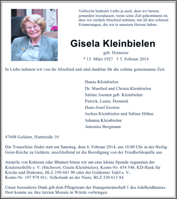 Todesanzeige von Gisela Kleinbielen von Rheinische Post